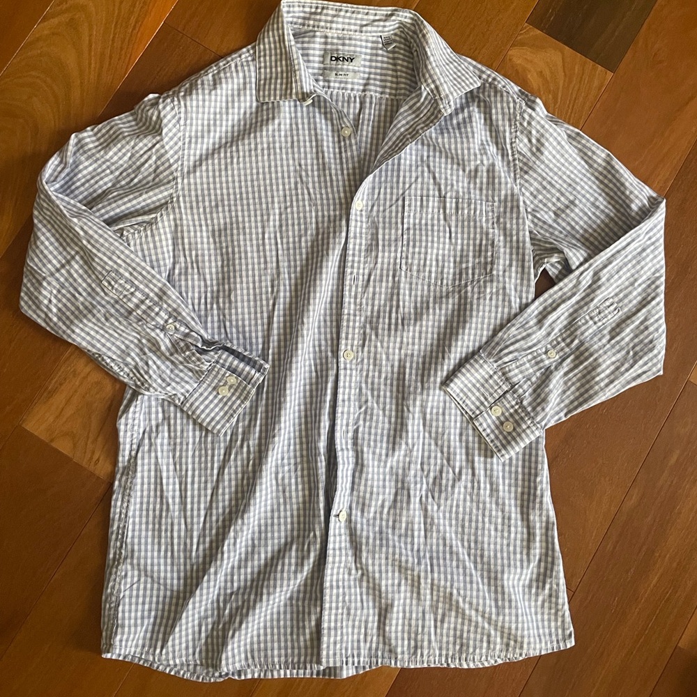 DKNY Men's Slim Fit Blue and White GIngham Casual Button Down Shirt Size 16